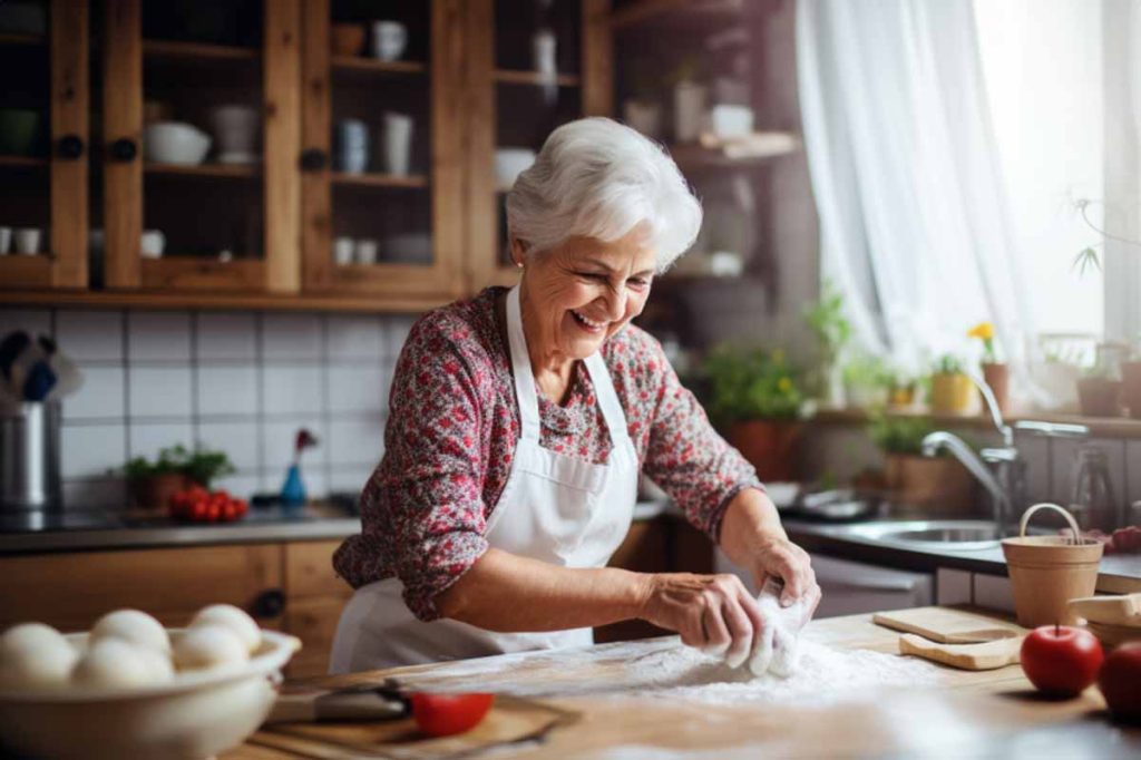 Female senior in the kitchen cooking and baking