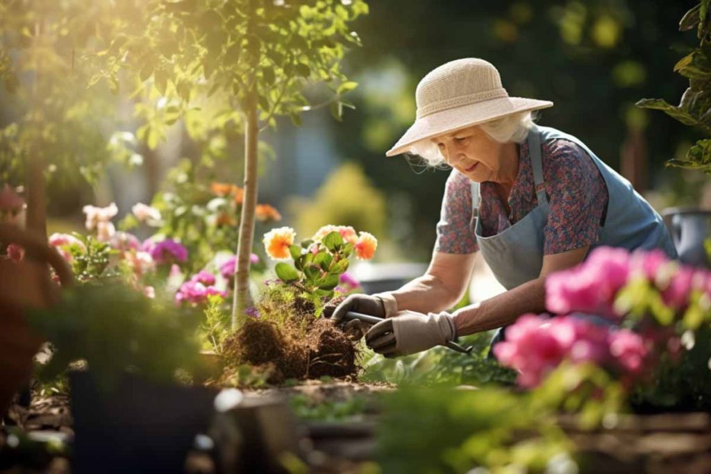 A female senior enjoying gardening in the sun