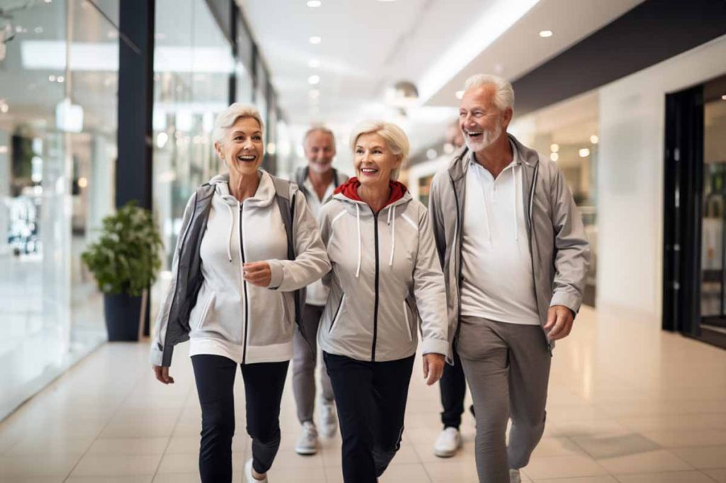 Group of fit seniors walking in a mall