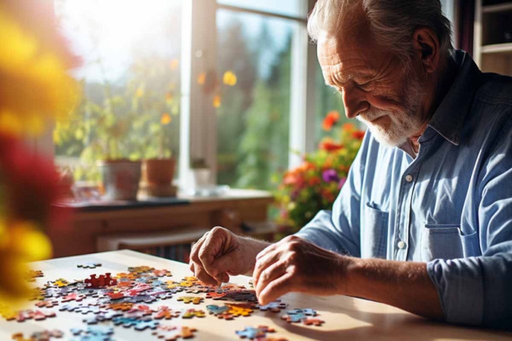 A senior concentrating on solving a puzzle game