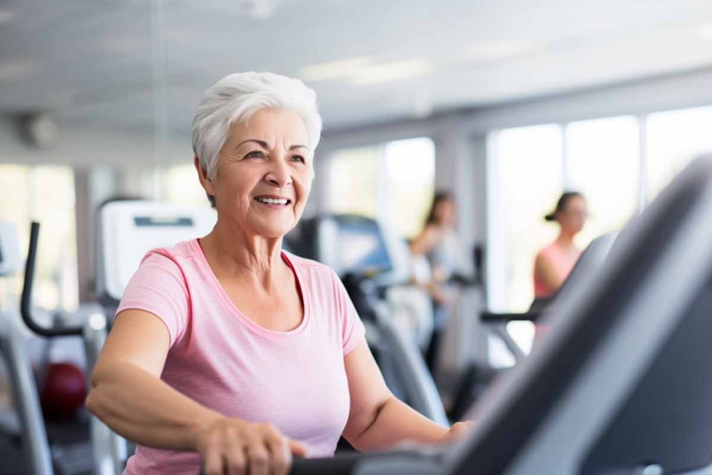 Fit female senior exercising in an elliptical machine