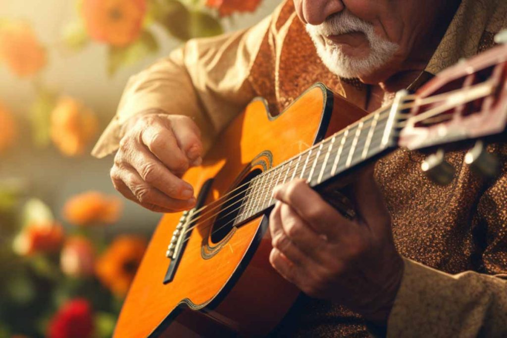 A senior learning to play acoustic guitar with stiff fingers