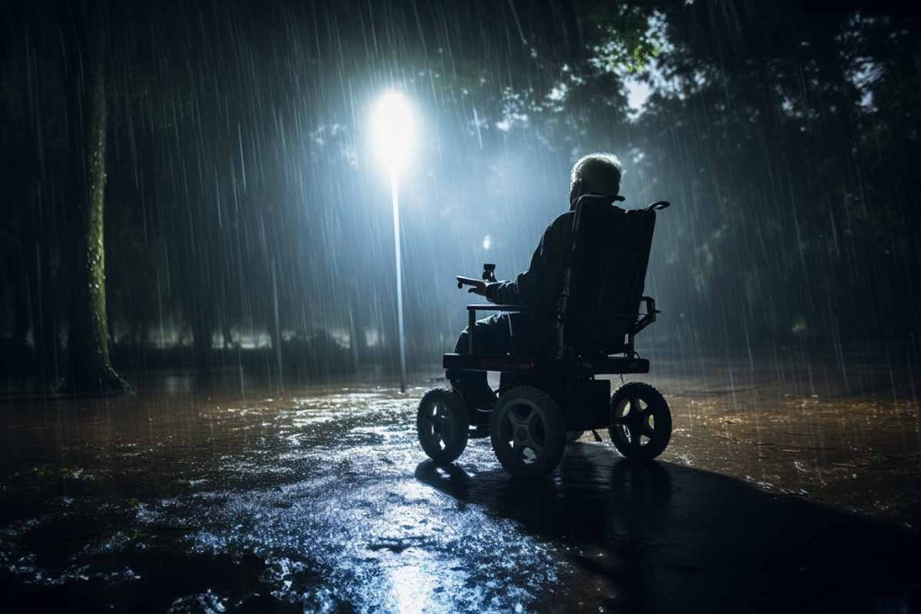 Senior with electric wheelchair outside in the rain